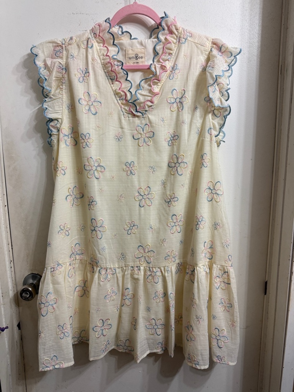 Umgee Cream Floral Ruffle-Trim Casual Dress